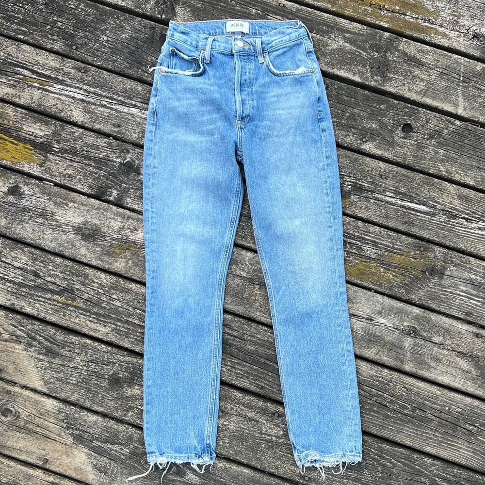 AGOLDE Riley High Rise sz 24 Straight Cropped Jeans Distressed Frayed Light Wash
